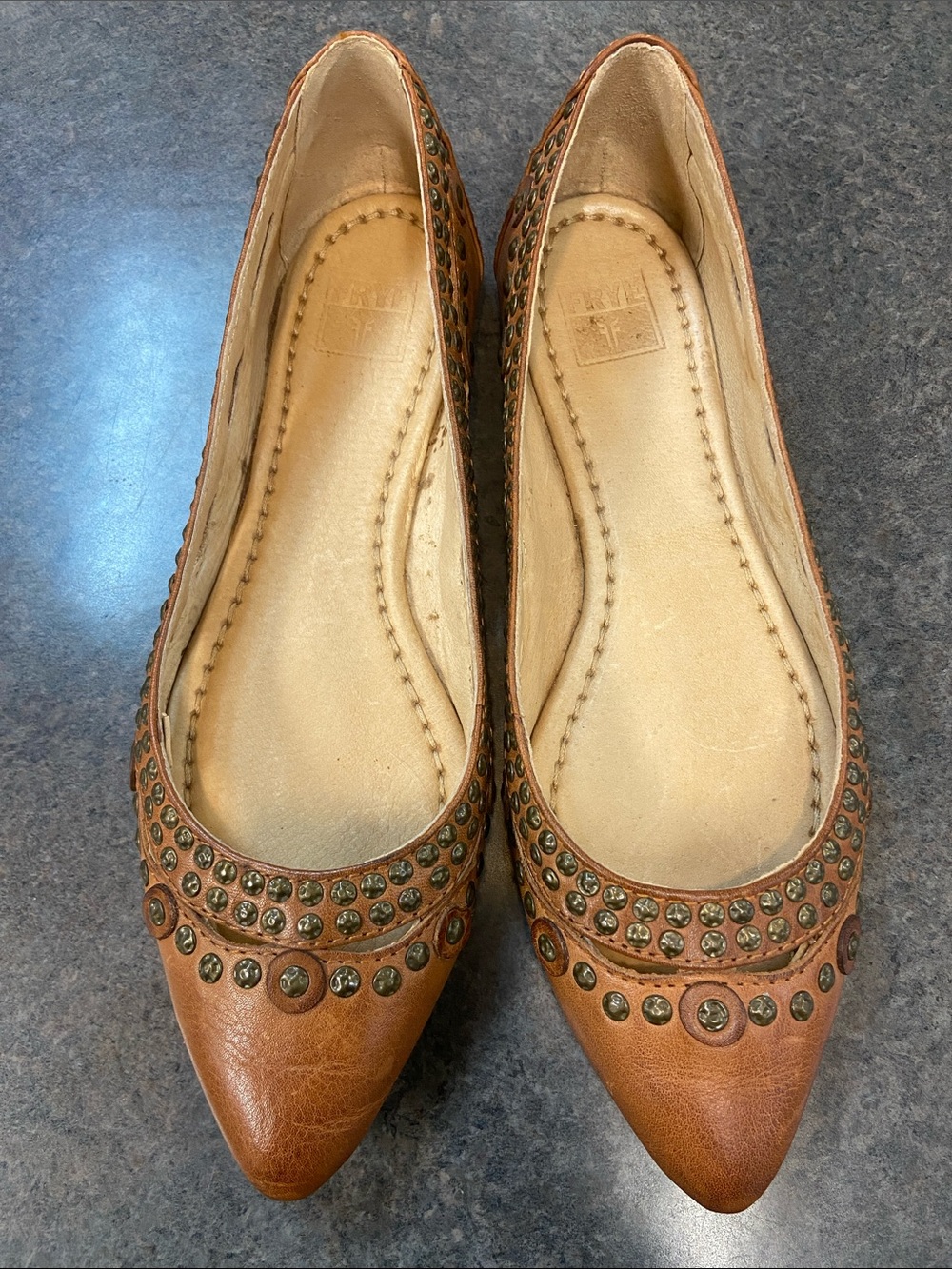 Frye Brown Studded Pointed-Toe Leather Flats